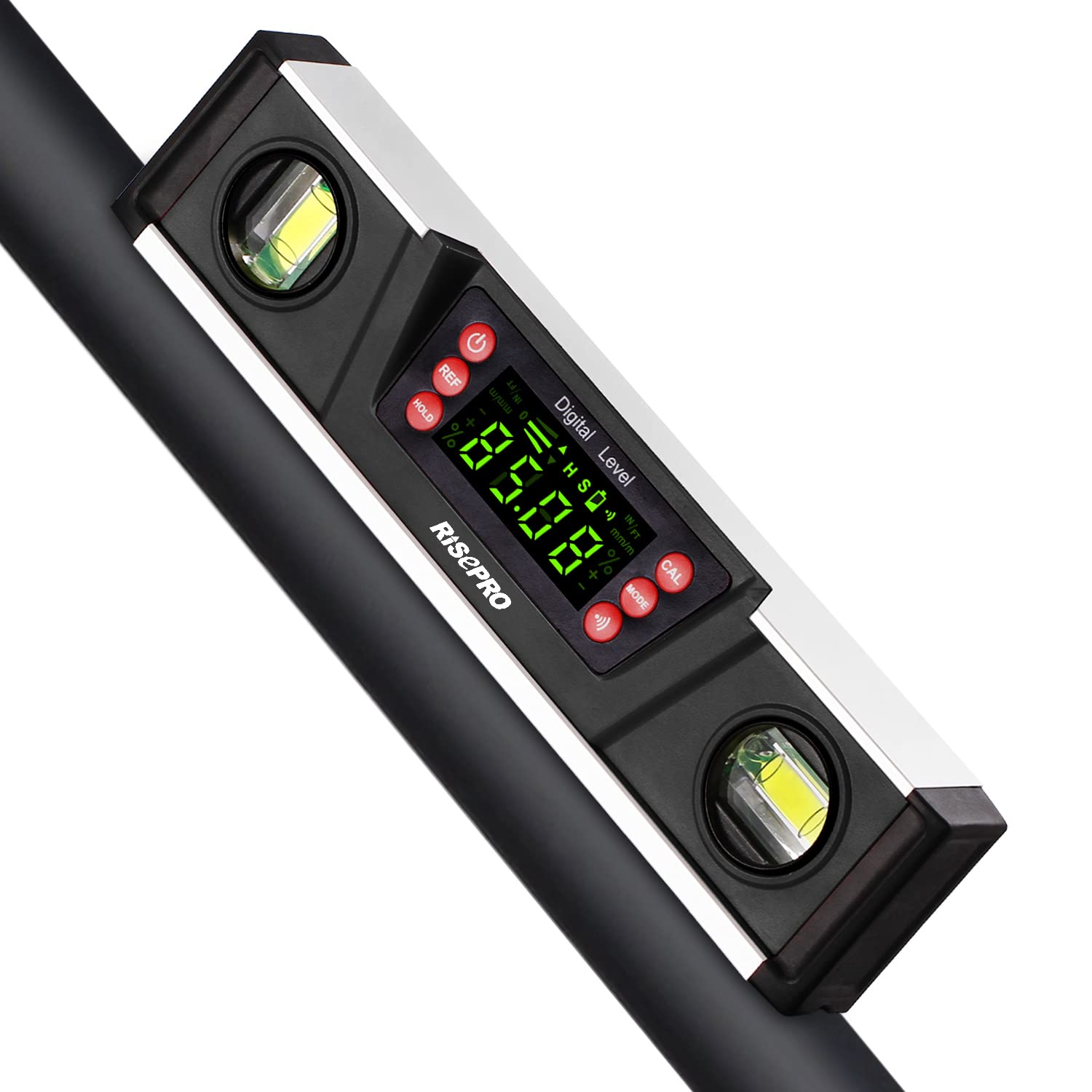 Digital Magnetic Level and Protractor - RISEPRO 10 Inches IP54 Protected Electronic Bubble Inclinometer, Angle Finder, Gauge w/Large VA Display & V-Groove Base DL135-B