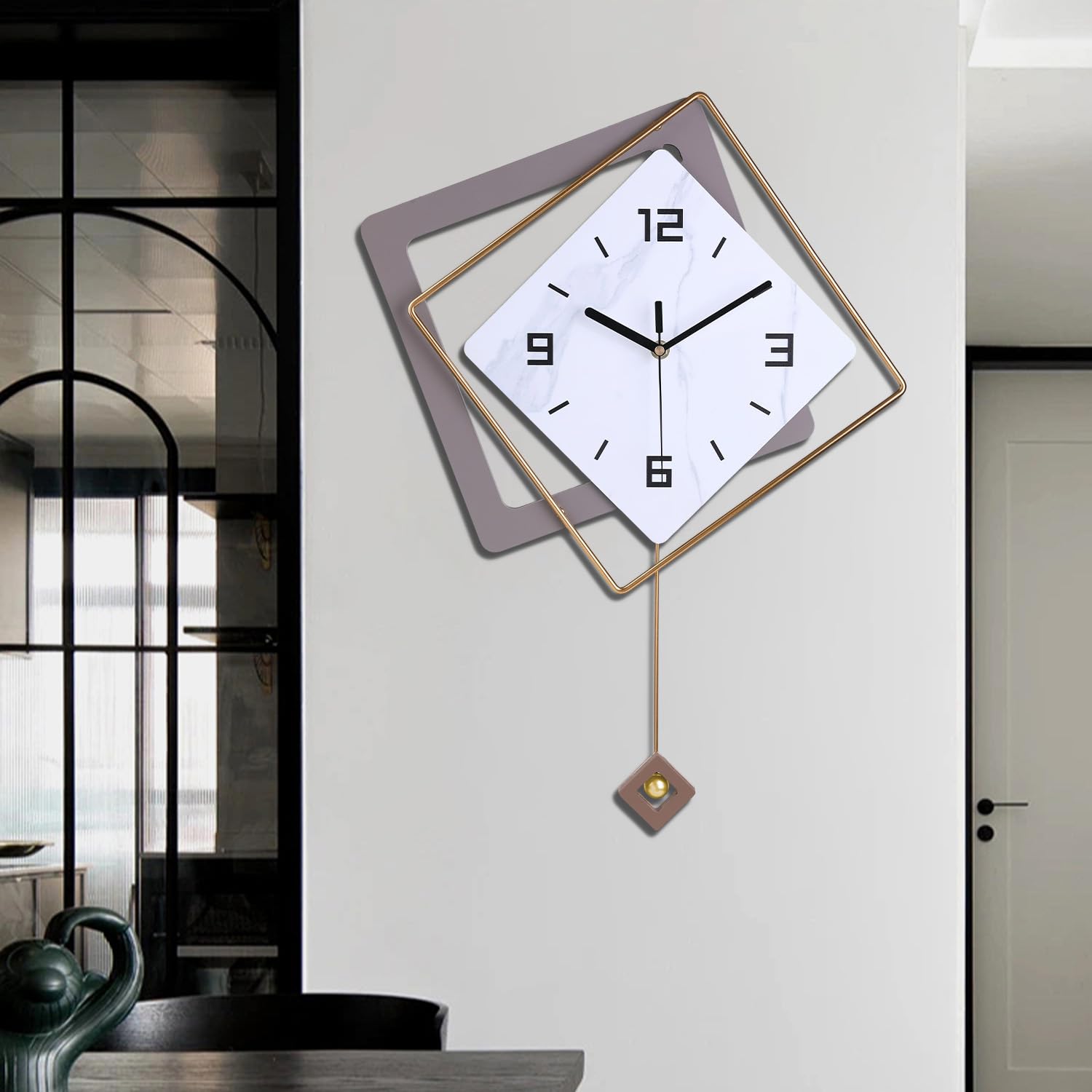 Photo 1 of ***FOR PARTS/ NON-FUNCTIONAL*** Wall Clock with Pendulum, Silent Quality Quartz Battery Operated, Modern Large Wall Clocks for Living Room Kitchen Home Bathroom Bedroom Wall Decor,16x21inch(Golden)