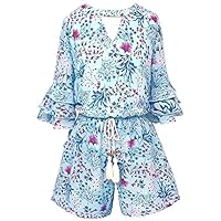 Smukke, Big Girls Tween Tiered Ruffle 3/4 Sleeves Romper with Pockets, 7-16 (Light Blue Multi, 14)