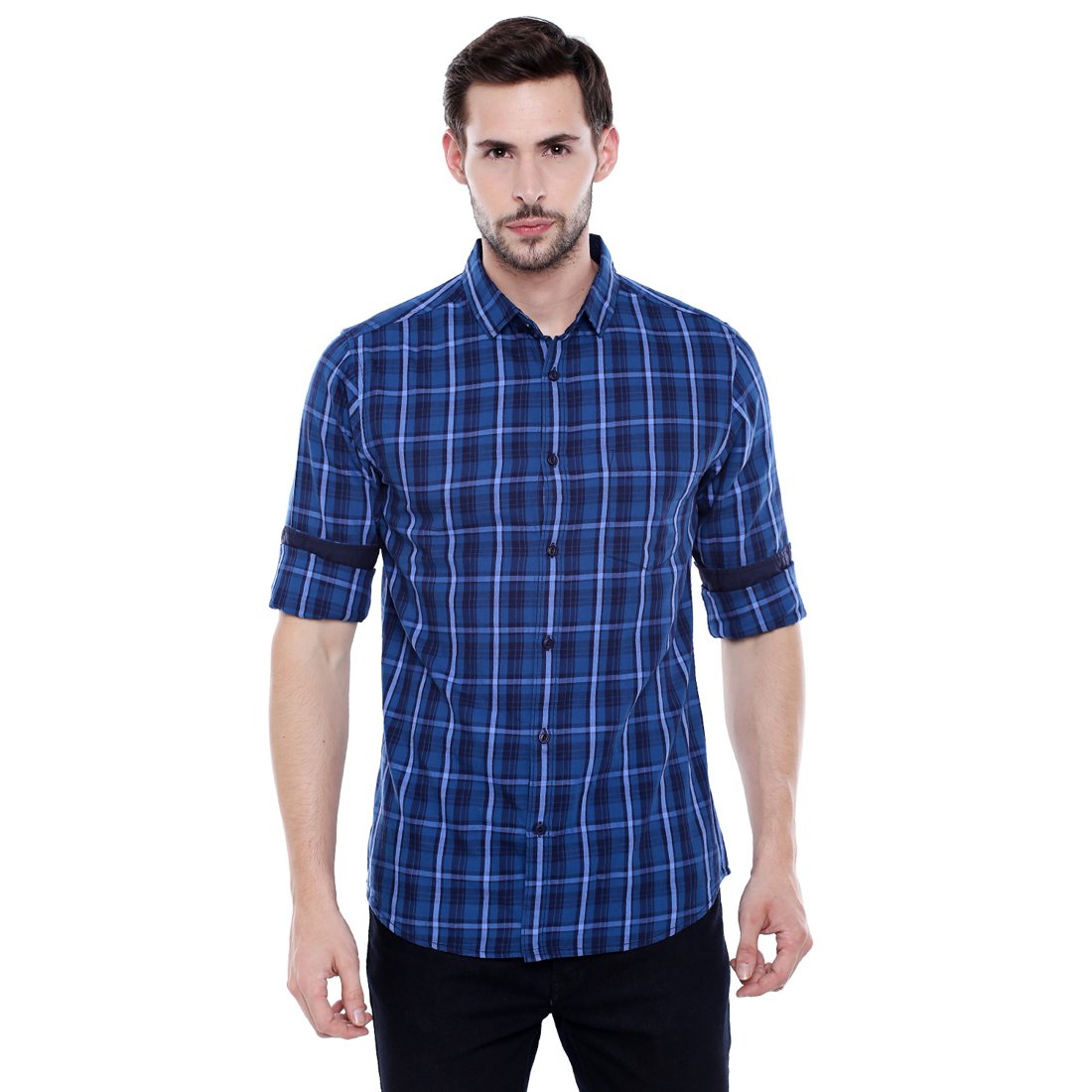 dennis lingo men's checkered blue slim fit casual shirt