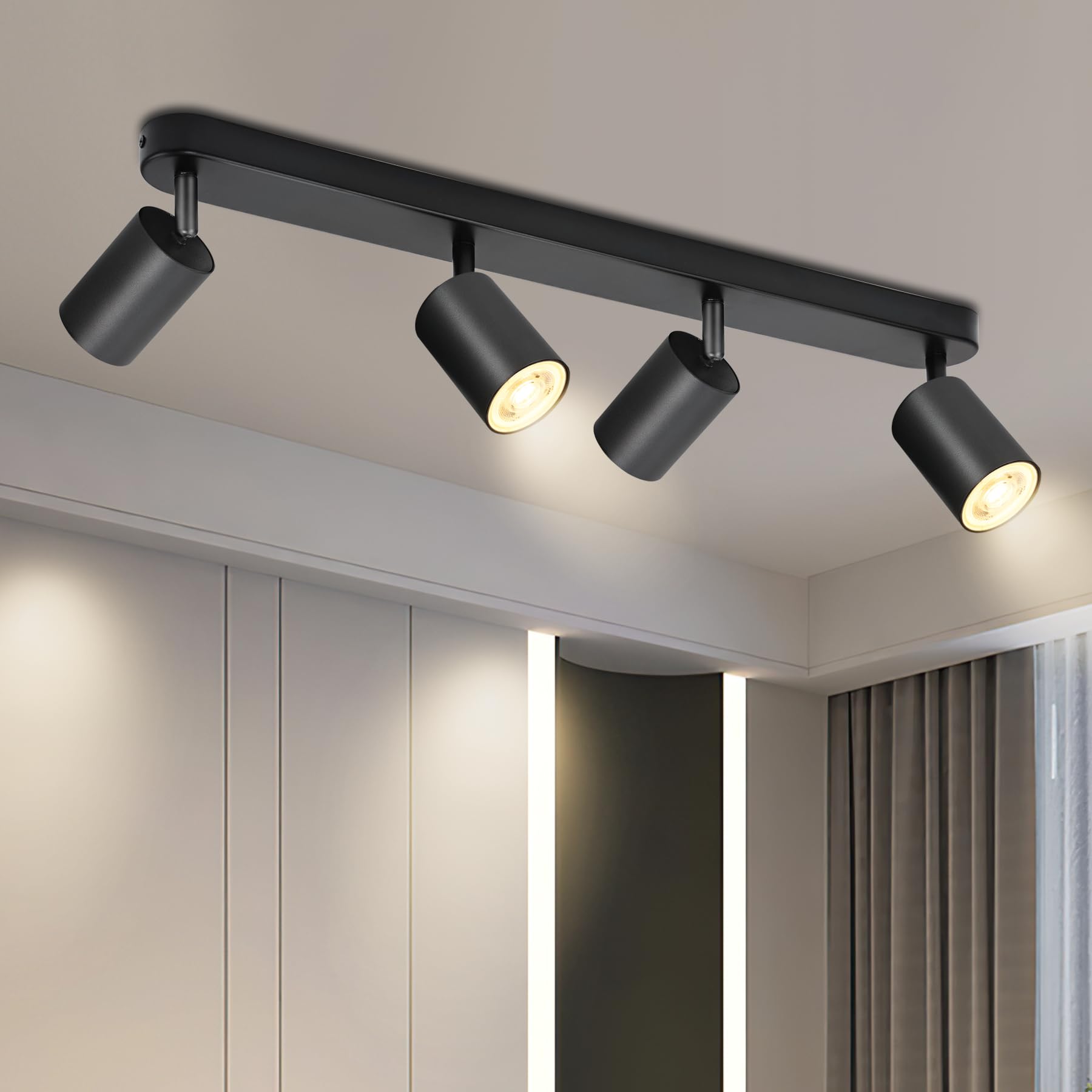 BOYIR GU10 Ceiling Spotlight 4 Spots Black Adjustable Modern Interior Ceiling Light for Kitchen, Bedroom, Living Room, Hallway, Bulb Not Included