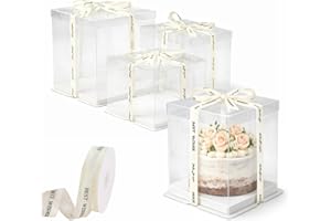 10Pcs 11.8x11.8x13.8" Clear Cake Boxes with Lids and Ribbon, 3-layers Transparent Cake Carrier Box for Birthday Wedding and P