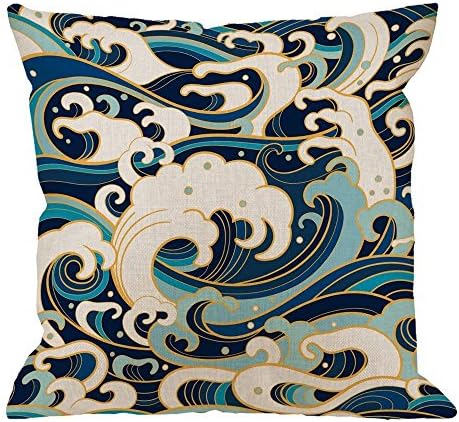 Rdsfhsp Japanese Pillow Covers,Decorative Throw Pillow Traditional Oriental with Ocean Waves Foam Splashes Pillow Cases Cotton Linen Square Cushion Covers for Home Sofa Couch Darkcyan