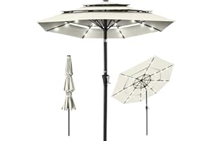 Best Choice Products 10ft 3-Tier Solar Patio Umbrella, Outdoor Market Sun Shade for Backyard, Deck, Poolside w/ 24 LED Lights, Tilt Adjustment, Easy Crank, 8 Ribs - Ivory