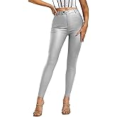MakeMeChic Women's Faux Leather Stretch Skinny Pants High Waisted Double Button Leggings Club Party Pants