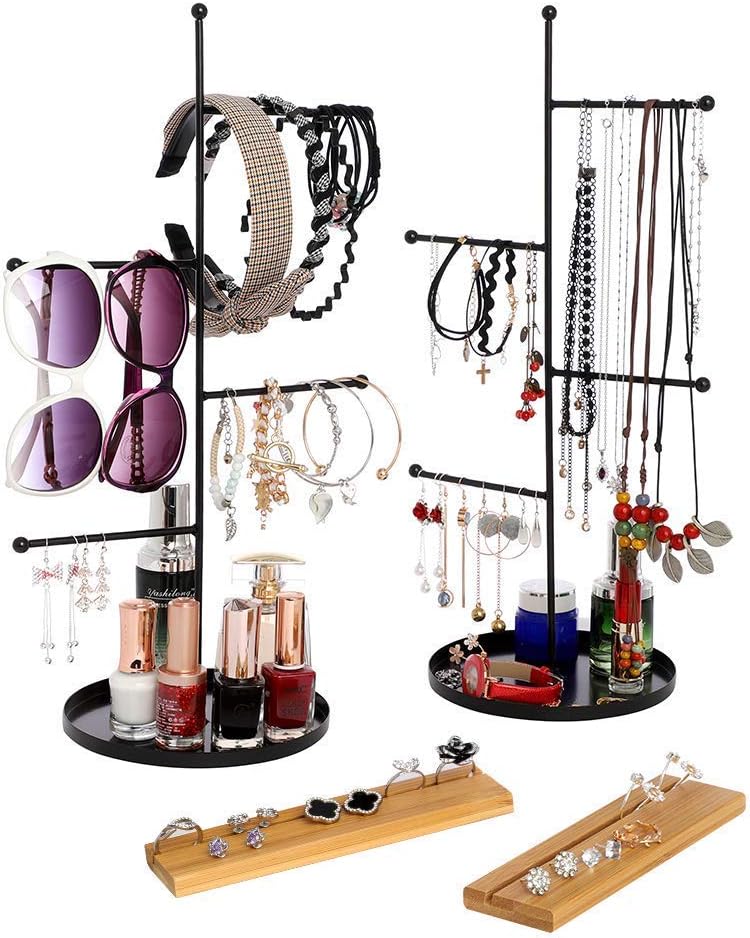 ILFALZT 4 Tier Hanging Jewelry Organizer and Bamboo Ring Storage, Jewelry Display Stand Tree with Round Tray to Organize Necklaces, Bracelets, Earrings, Rings, Watches (Two Packs)