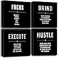 Grind Hustle Execute Focus Black Motivation Canvas Wall Art,Abstract Inspirational Office Quotes Paintings Framed Wall Art for Living Room Bedroom Dinning Room Home Decor -12"x12"x4pcs