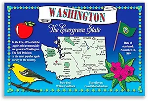 WASHINGTON STATE MAP postcard set of 20 identical postcards. Post cards with WA map and state symbols. Made in USA.
