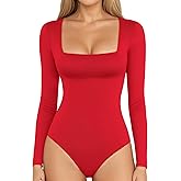 MANGOPOP Women's Square Neck Short Sleeve Long Sleeve Bodysuit Sexy Body Suits Shirt Slim Fitted Tops