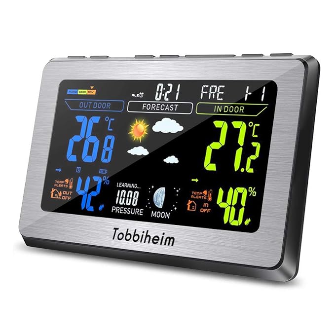 Tobbiheim Funk Wetterstation, Funkwetterstation Vollfarbanzeige Thermometer und Hygrometer für Innen und Außen Temperatur, Lu