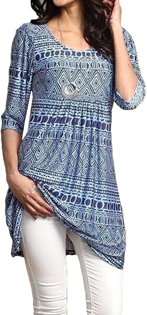 Juqilu Ladies Blouse Shirt Casual Loose Floral Printed Round Neck Oversize Jersey Tunic Womens Tops Dress Blue L