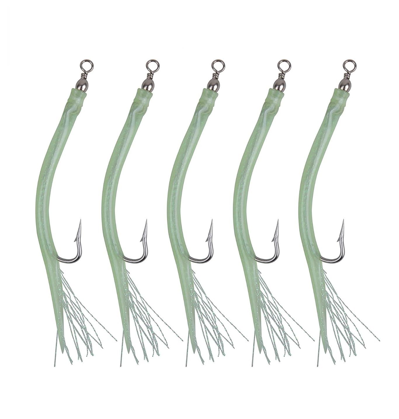 EVERBAY Soft Fishing Lures Tube Lure Sand Eel Baits Sea Fishing with Stainless Steel Hook and Barrel Swivel Saltwater Rigs for Bass Cod Pollock Haddock Fishing Gear Gift, 6/0 Green, 5pcs/Set