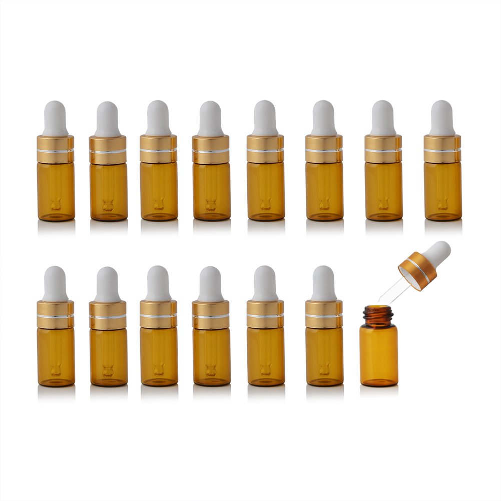 Enslz 15 Pieces Mini Amber Refillable Glass Essential Oil Bottles Eye Dropper for Essential Oils Perfumes Cosmetic Sample Storage Gold Screw Cap (3ml)