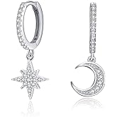 Dainty Hoop Dangle Earrings for Women, Small Hoop Earring with Charm - Moon Star, Spike, Evil Eye, Sterling Silver Huggie Drop Earrings for Her