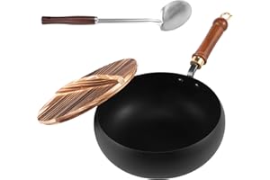Japanese Iron Pan, Uncoated Non Stick Wok Pot with Wooden Lid and Spatula, Large Capacity Hand-Forged Cooking Pan for Inducti