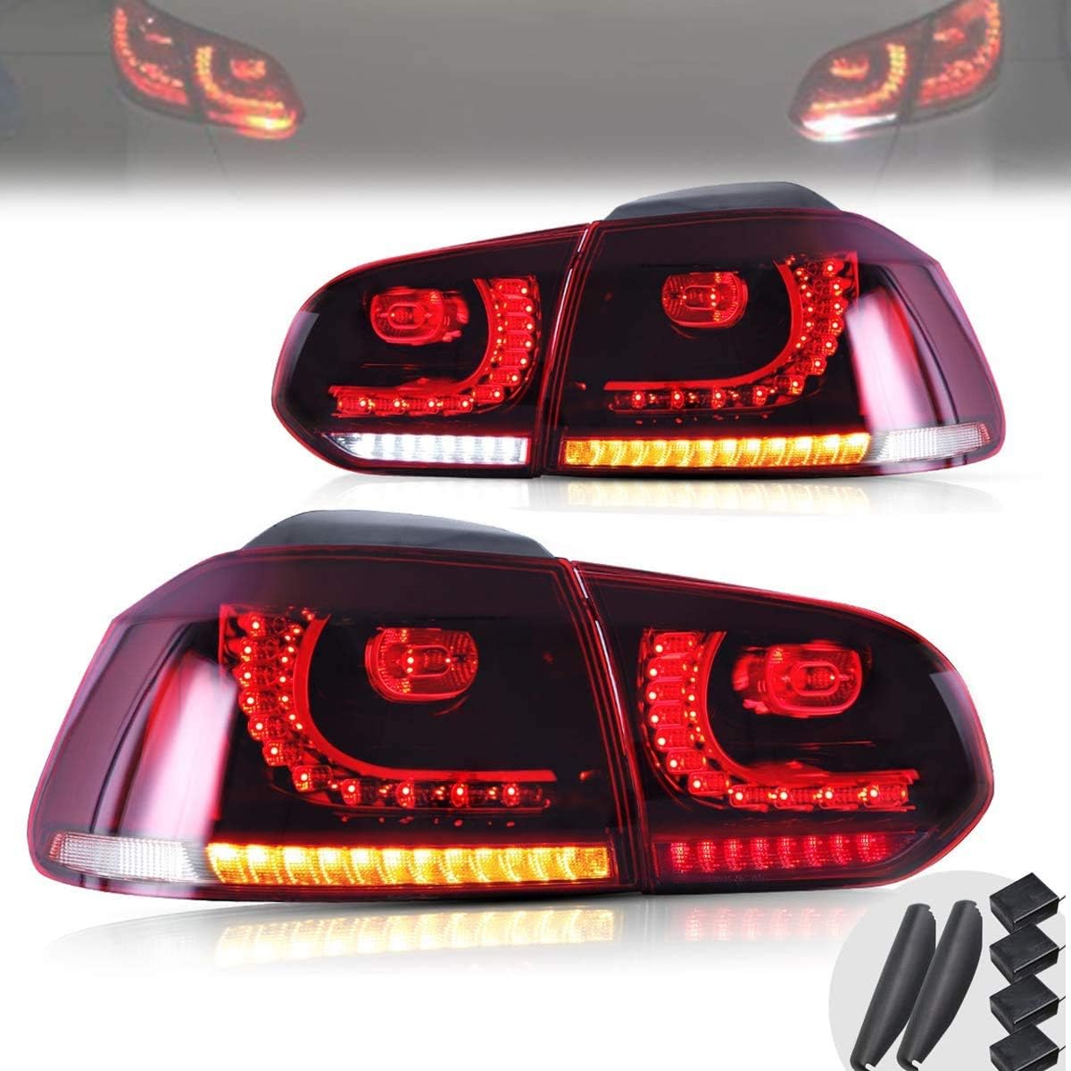 VLAND LED Rear Lights for Golf 6 VI MK6 TSI TDI GTD GTI R 2008-2013, Rear Tail Lamp Assembly with Full LED DRL Bars,with Dynamic Indicator,Red and White,LHD or RHD