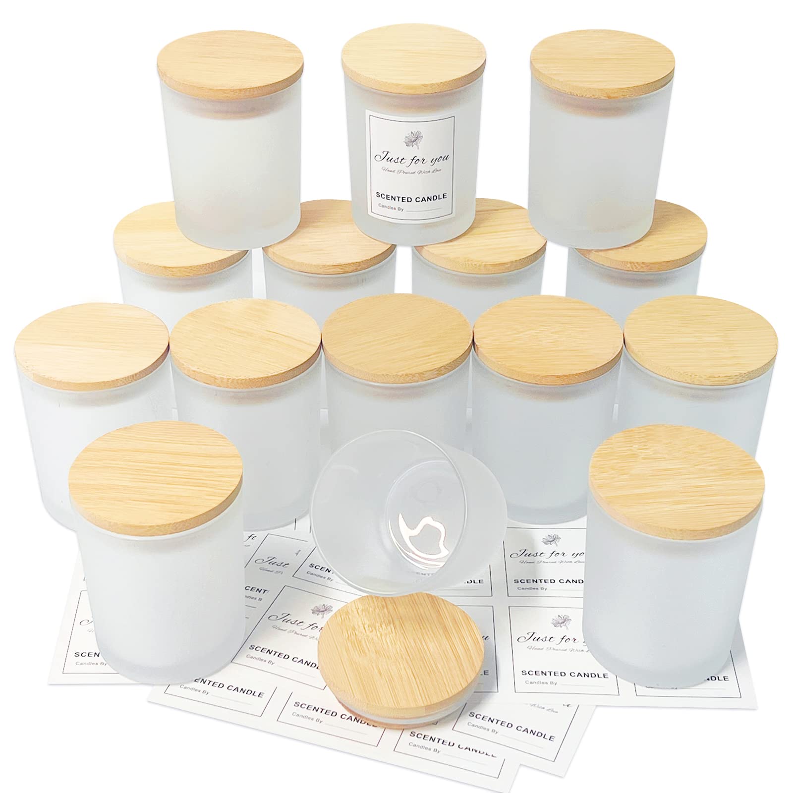 CONNOO 7 OZ Frosted Empty Candle Jars with Bamboo Lids and Sticky Labels for Making Candles - Thick Glass Candle Jars in Bulk with Lids. Dishwasher Safe.