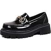 Women's Patent Leather Platform Loafers with Metal Buckle Fashion Comfort Round Toe Anti-Slip Lug Sole Slip On Chunky Heel Penny Loafers for Casual Work Business Dress Shoes