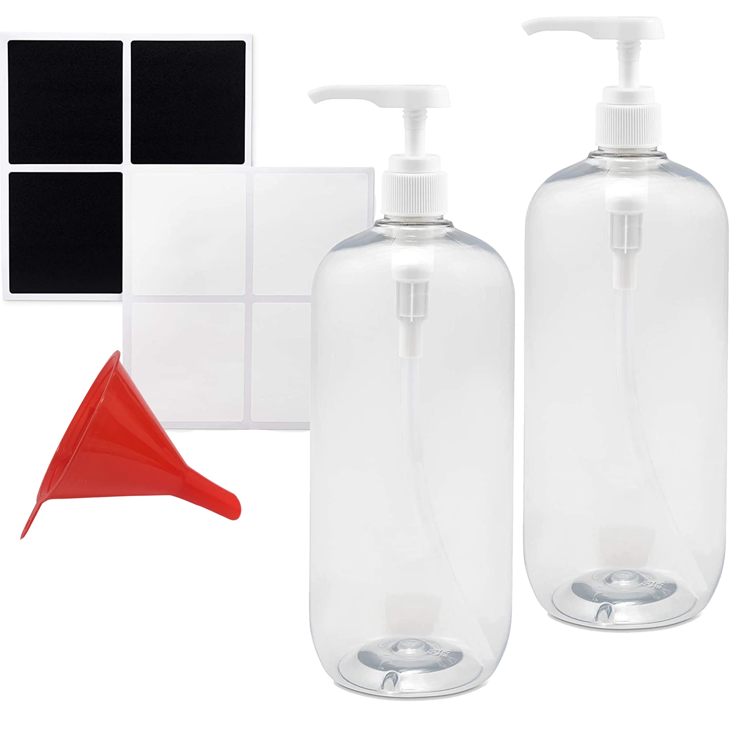 RR READY REFILLS Empty Bottles Dispenser Pump โ Reusable & Refillable Pump Bottle Dispenser with Durable Funnel and Labels - For Gel Soap, Lotion, Shampoo, Conditioner and More (2 Pack, 1000ml)
