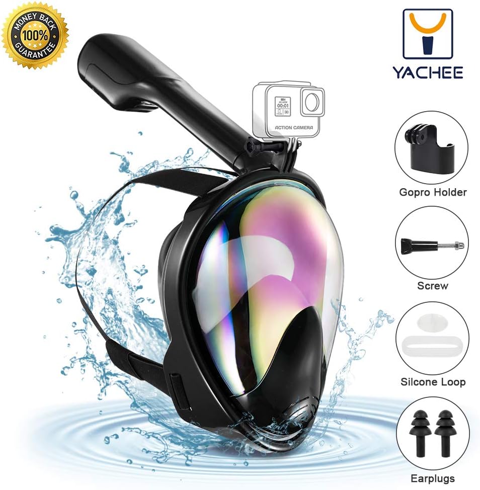 Yachee Full Face Snorkel Mask with UV Protection Anti-Fog Anti-Leak Ear Pressure Balance Snorkeling Mask with 180 Panoramic View Detachable Camera Mount Earplugs Carrying Bag for Adults and Youth