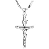 MILACOLATO 925 Sterling Silver Crucifix Necklace for Men Women, 2mm Sterling Silver Rolo Chain with Small or Large Crucifix Pendant, Jesus Crucifix Cross Necklace 16-24 Inches Christian Religious Jewelry Gifts
