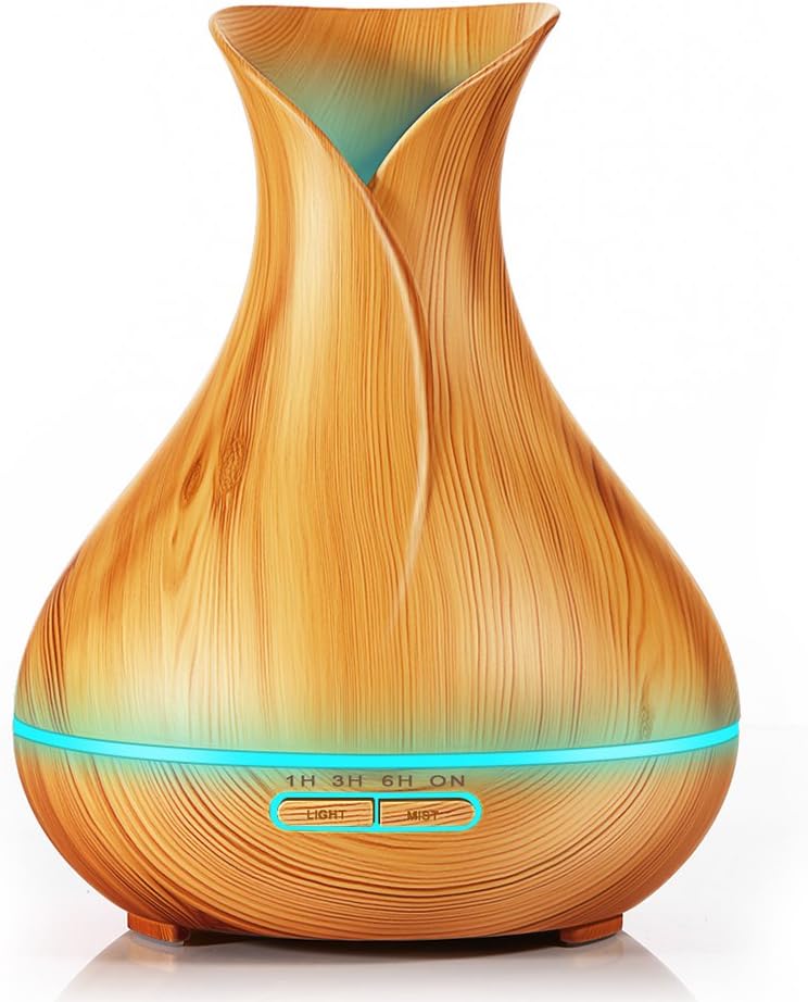 NEWKBO 400ml Aroma Essential Oil Diffuser Ultrasonic Air Humidifier with Wood Grain 7 Color Changing LED Lights for Office Home Spa Yoga (Light Wood)