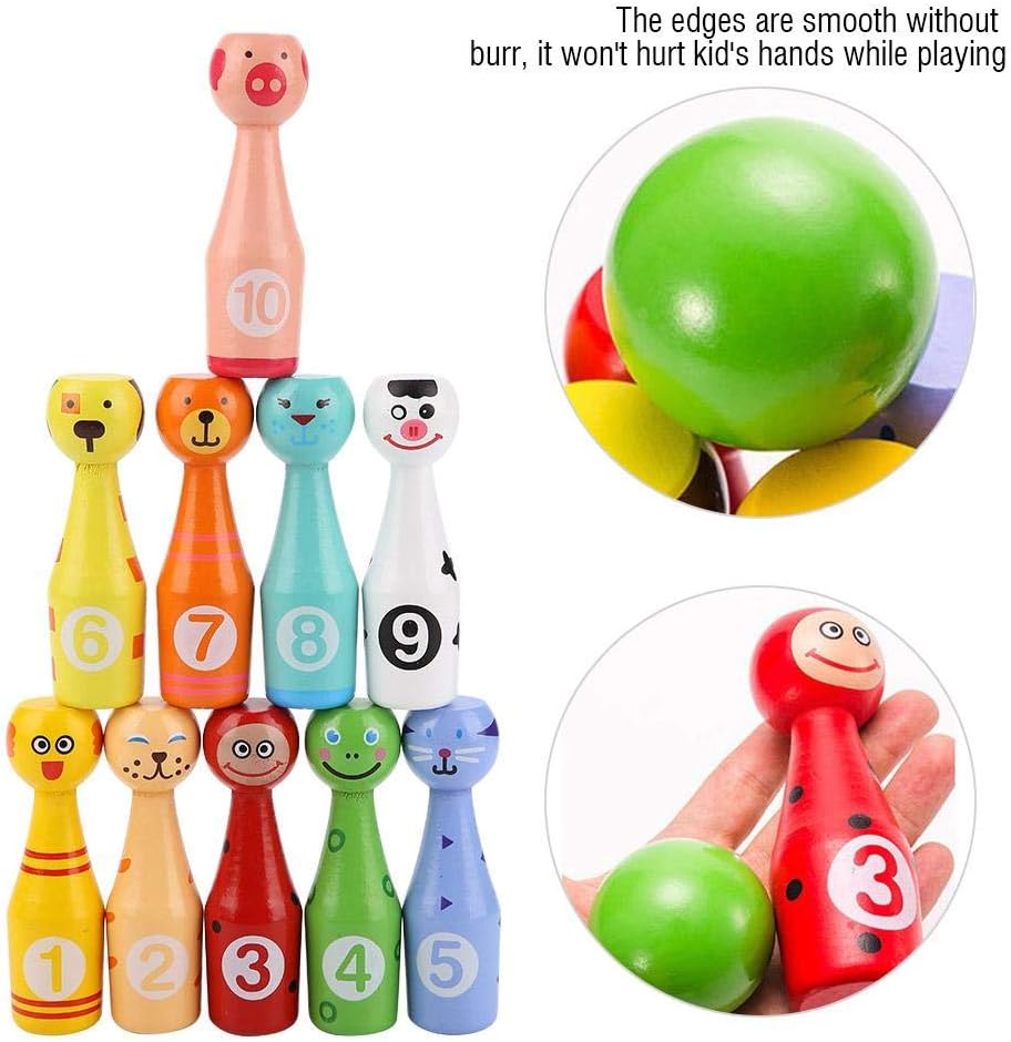 VGEBY Unisex-Kids Wooden Cartoon Animal Bowling Game Set Educational Toys 10 Bowling Bottles and 3 Bowling Balls Outdoor Toy - Image 5