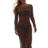 Women's Sexy Mesh Pearl Rhinestone Cover Up Dress Longsleeve Beach Swimsuit Lace See-Through Maternity Gown for Photo Shoot