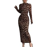 Milumia Women's Leopard Mock Neck Long Sleeve Mesh Dress Elegant Ruched Bodycon Maxi Dresses