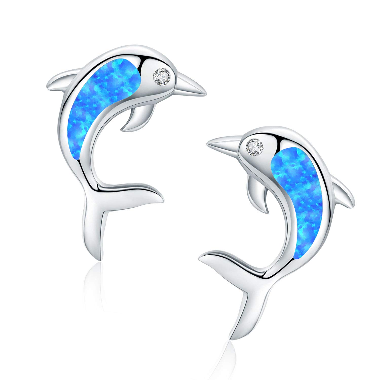 TANGPOET Dolphin Earrings 925 Sterling Silver Opal Stud Earrings for Women Dolphin Studs Earring Birthday Jewellery Gifts for Girls Ladies Friends Kids Children