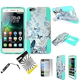 For Huawei Raven LTE H892L ITUFFY 3items: Screen Film+Stylus Pen+Dual Layer Impact Resistance Plastic Cover Soft Rubber KickStand Hybrid Case (Peacock Feather Butterfly)