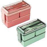 CHZZMS 2 Pack Bento Box Adult Lunch Box,49OZ Leakproof Eco-Friendly Stackable Bento Lunch Box Meal Prep for Dining Out, Work, Picnic, School (green+pink)