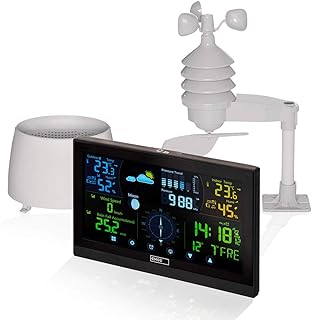 Emos Profi Wetterstation Funk mit Touchscreen Farbdisplay, inkl. Außensensor, DCF Empfangssignal Funkuhr - Innen- und Außentemperatur, Wettervorhersage, mit drahtlosen Regenmesser & Windmesser