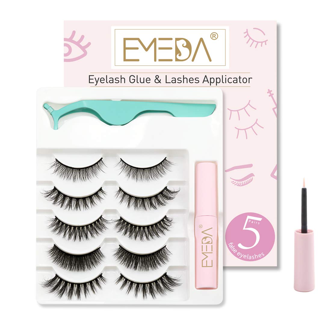 EMEDA 3D Natural False Lashes with Glue 5 Pairs Fluffy False Cat Eye Lashes Multipack Thick and Long False Eyelashes With Glue Strip Fake Lashes With Applicator False Lashes Kit
