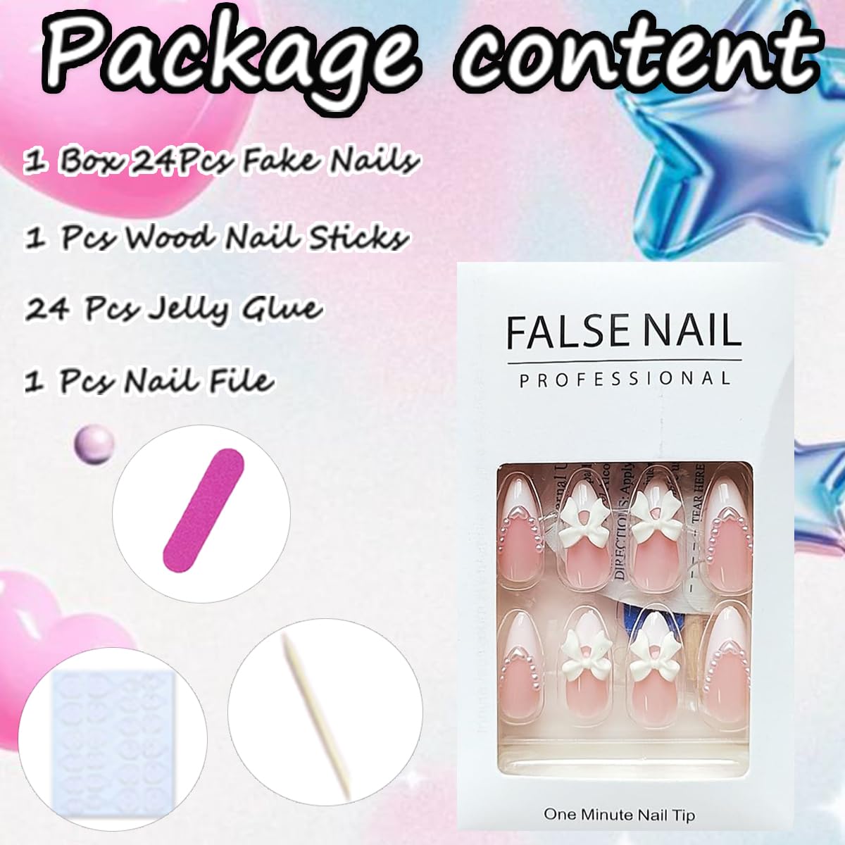 24Pcs Almond Press on Nails French Tips Short Fake Nails with Cute Bow Charms Design French Press on False Nails Nude Pink Acrylic Nails Almond Shaped Artificial Nails for Women Girls Manicure Tip - Image 5