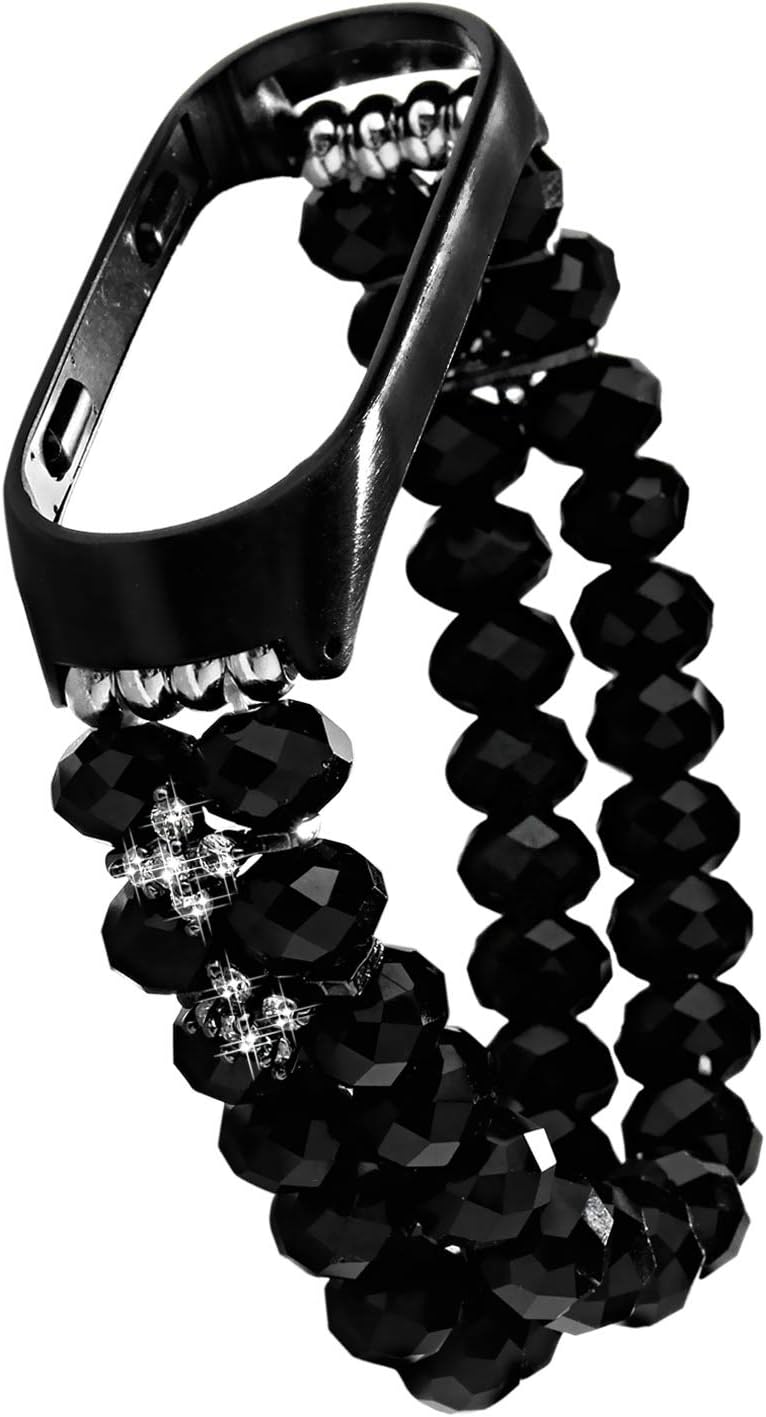 Qianyou Strap-Frame-in-One Stretch Bracelet Elastic for Xiaomi Mi Band 3 Strap Replacement Classy Crystal Watchband Interspersed with Diamonds Smart Wristband with Metal Connectors Women Black