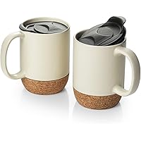 DOWAN Coffee Mugs Set of 2, 15 OZ Ceramic Mug with Insulated Cork Bottom and Splash Proof Lid, Large Coffee Mug with…