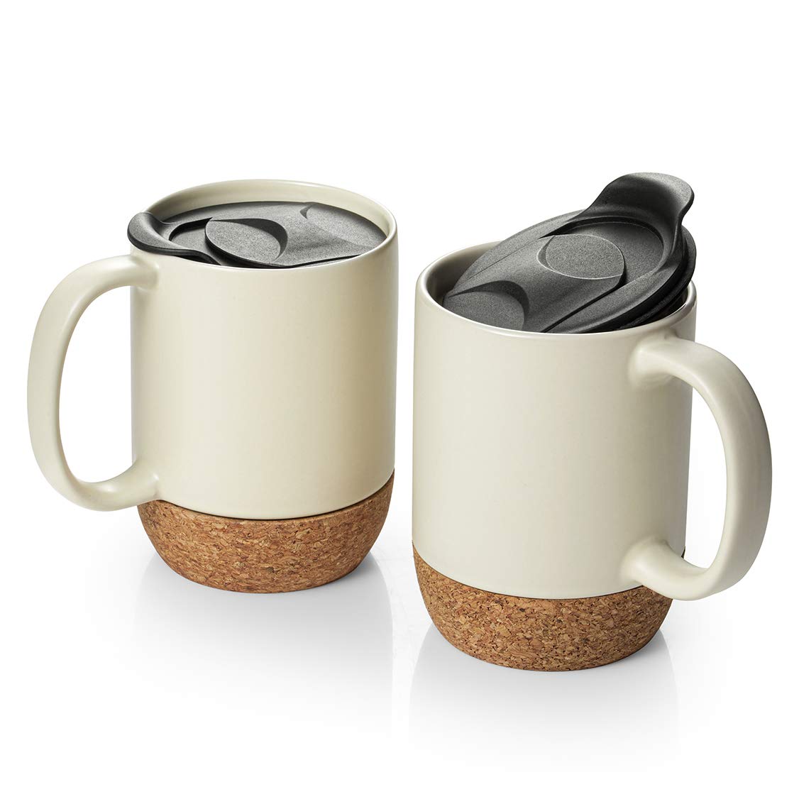 DOWAN Coffee Mugs Set of 2, 15 OZ Ceramic Mug with Insulated Cork Bottom and Splash Proof Lid, Large Coffee Mug with Handle for Men, Women, Beige