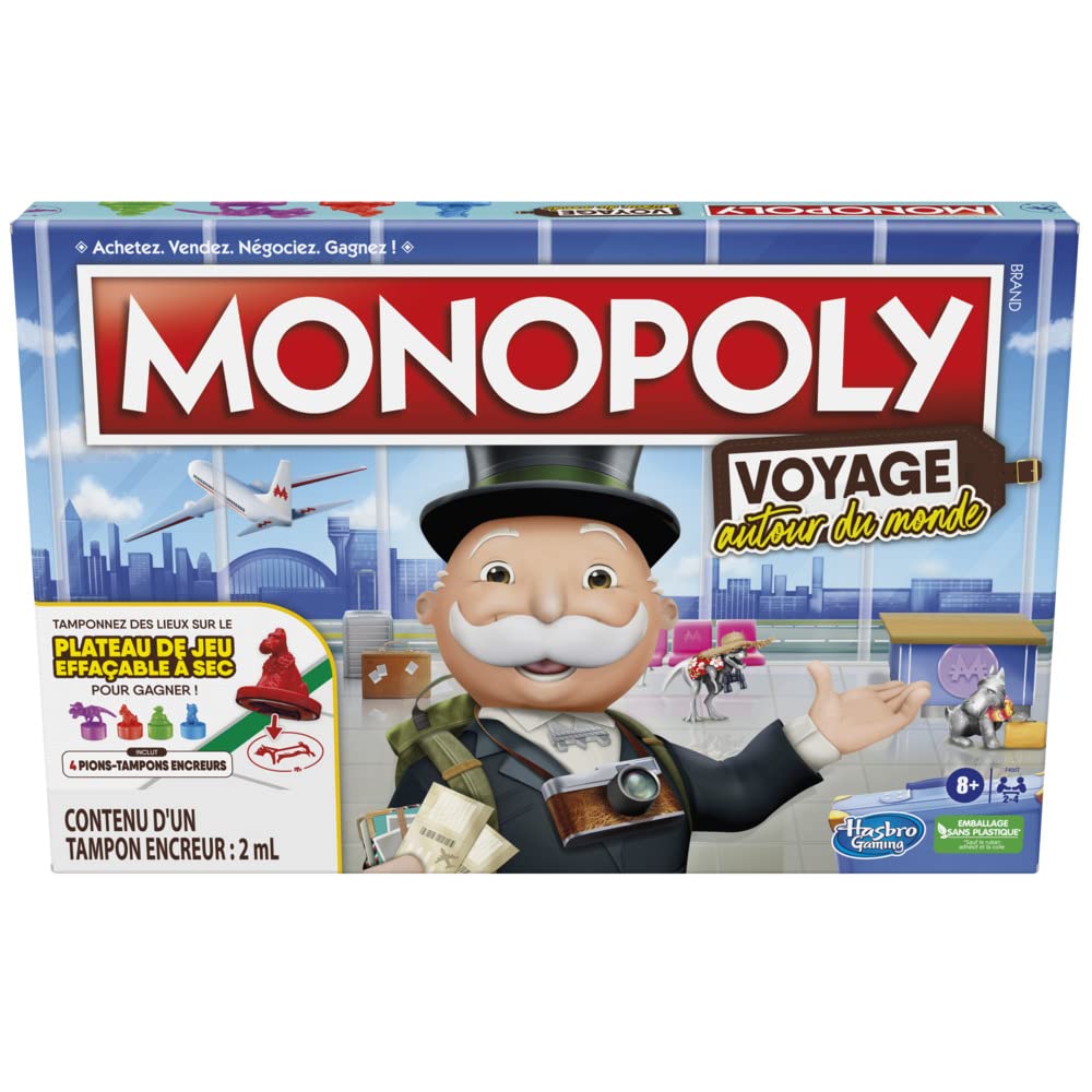 Monopoly Hasbro Gaming Travel Around the World for Family and Children 8 Years and Above with Ink Pads and Dry Erase Tray