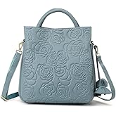 Genuine leather cowhide women's handbag rose camellia embossed large capacity detachable shoulder strap storage tote bag