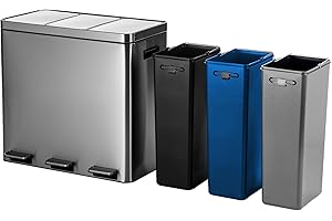 Home Zone Living 16 Gallon Large Kitchen Trash Can with Three Compartments for Recycling, Stainless Steel, Silver, 60 Liters Total