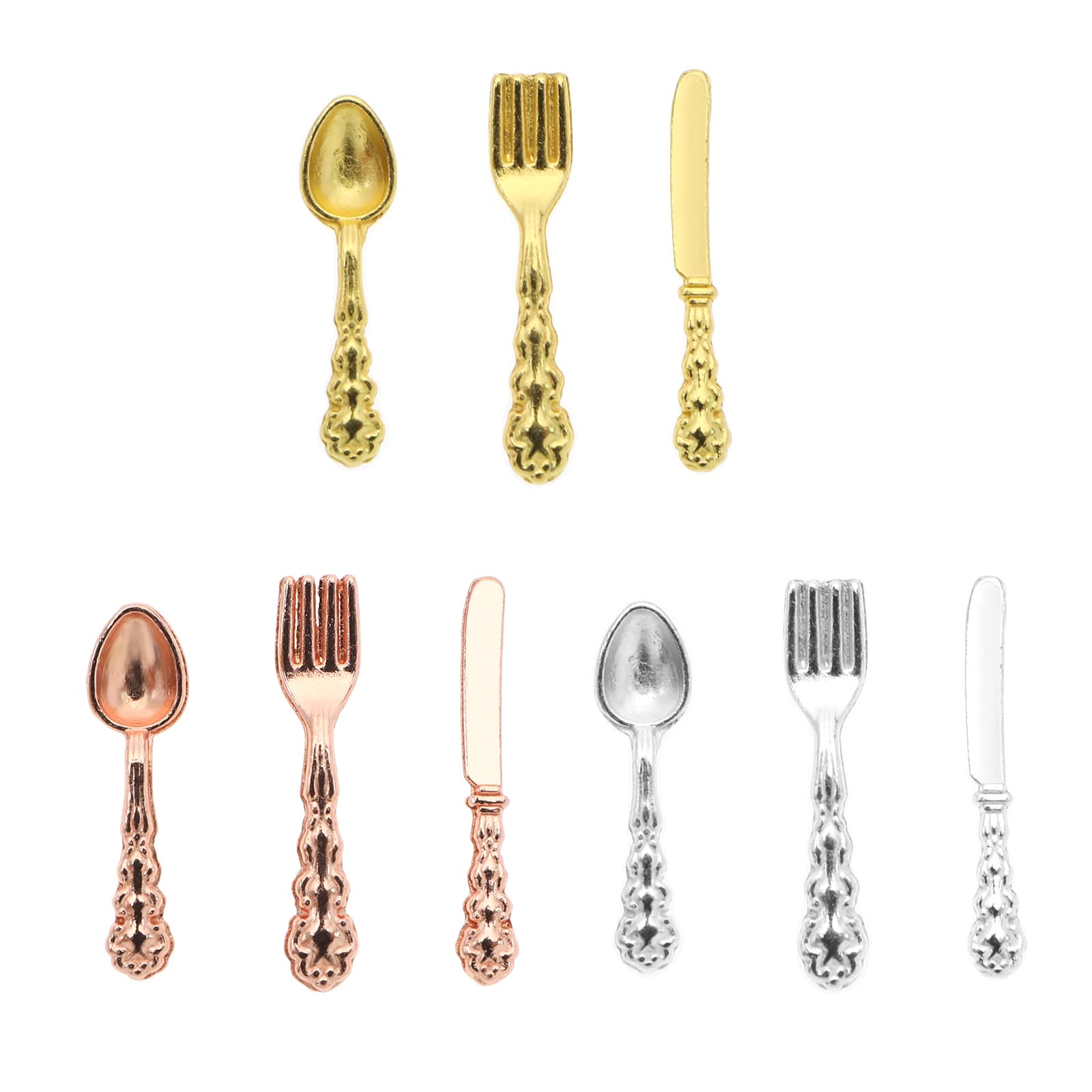 The Lord of the Tools 36PCS Dollhouse Miniature Cutlery Set 1:12 Scale Mini Tableware Simulation Model Decor Dollhouse Kitchen Accessories Silver & Gold & Rose Gold