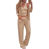 Tankaneo Womens 3 Piece Pajama Set Long Sleeve Shirts V Neck Tank Top Wide Leg Pants Sweatsuit Lounge Sets 2025