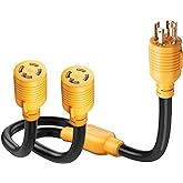 MECMO 4 Prong 30 Amp Generator Splitter Y Adapter NEMA L14-30P to 2x L14-30R, 10 AWG SJTW Generator Locking Power Cord Cable