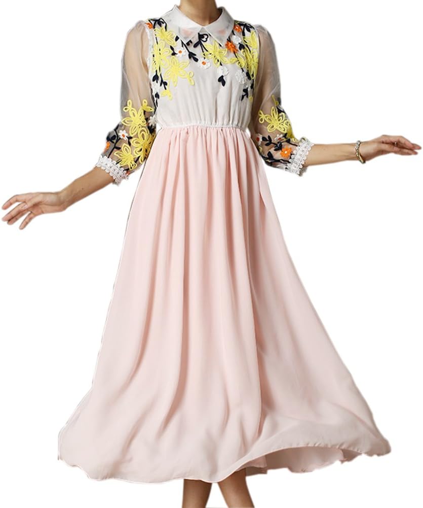 EkarLam Women's Peter Pan Collar Embroidered Contrast Waisted Maxi Dress