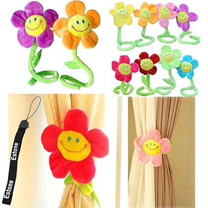 Estone 2Pcs Cute Smile Face Sunflower Plush Curtain Clip Clasps Tie Holders