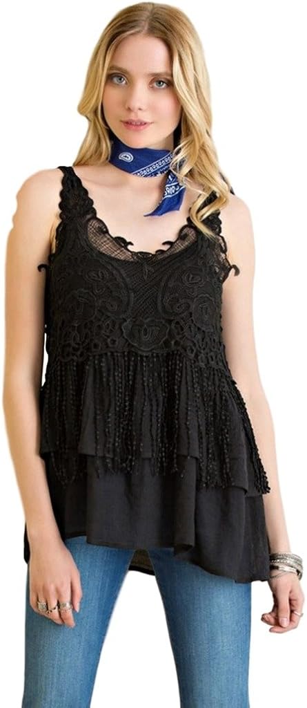 Entro Women's Lightweight Sleeveless Feminine V-Neck Tunic with Tiered Ruffles and Crochet Lace 