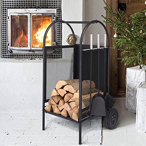 Fireplace Log Holder Rack with 2 Wheels Fireplace Wood Mover Brush Shovel Poker Firepit Firewood Rack Carrier Cut Wood Lumber Stove Storage Stacking Log Bin Stand for Indoor Outdoor,31.5 x 14 x 14in