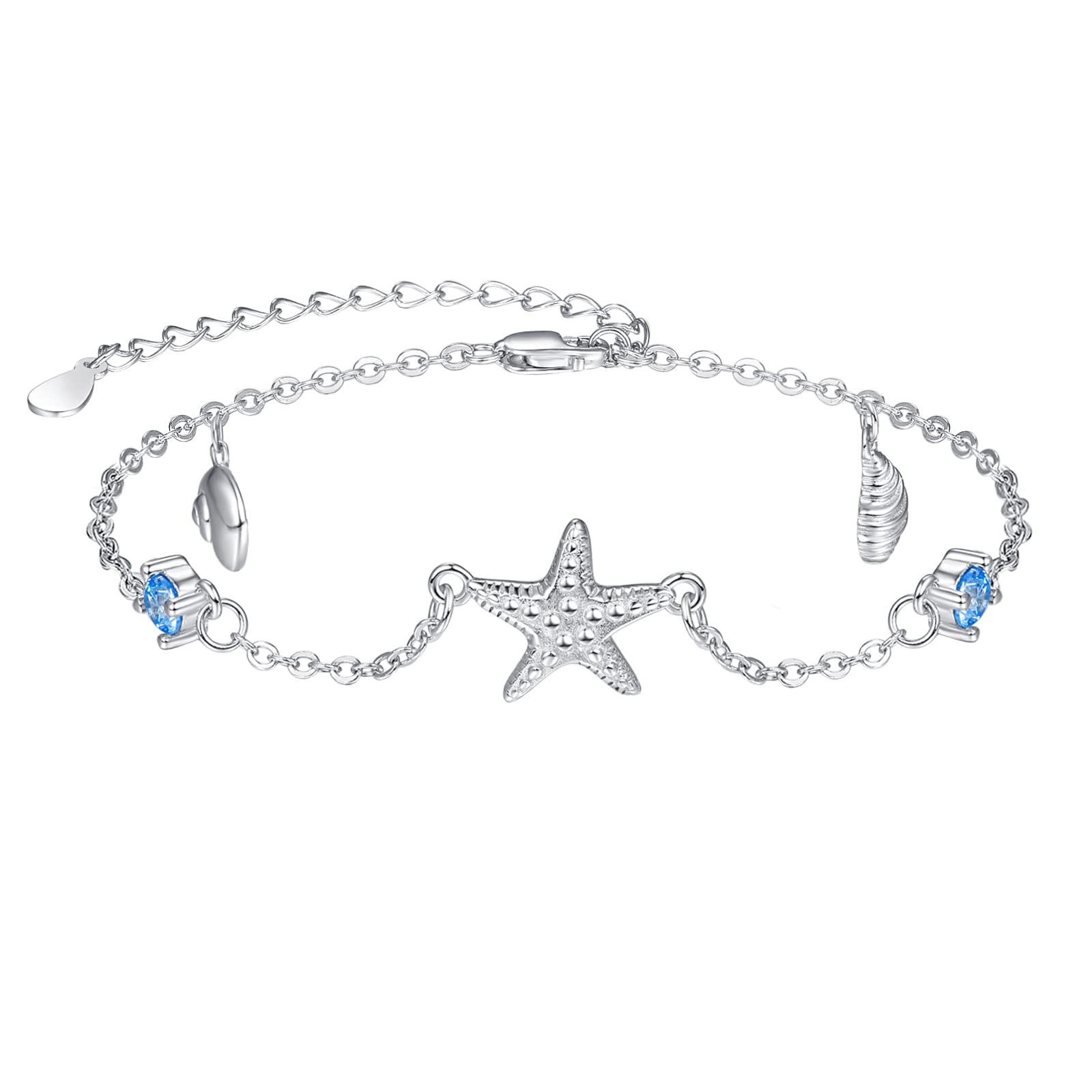 KINGWHYTE Star Bracelets for Women, 925 Sterling Silver Ocean Starfish Conch Shell Charm Bracelets, Adjustable Friendship Link Bracelet Jewelry