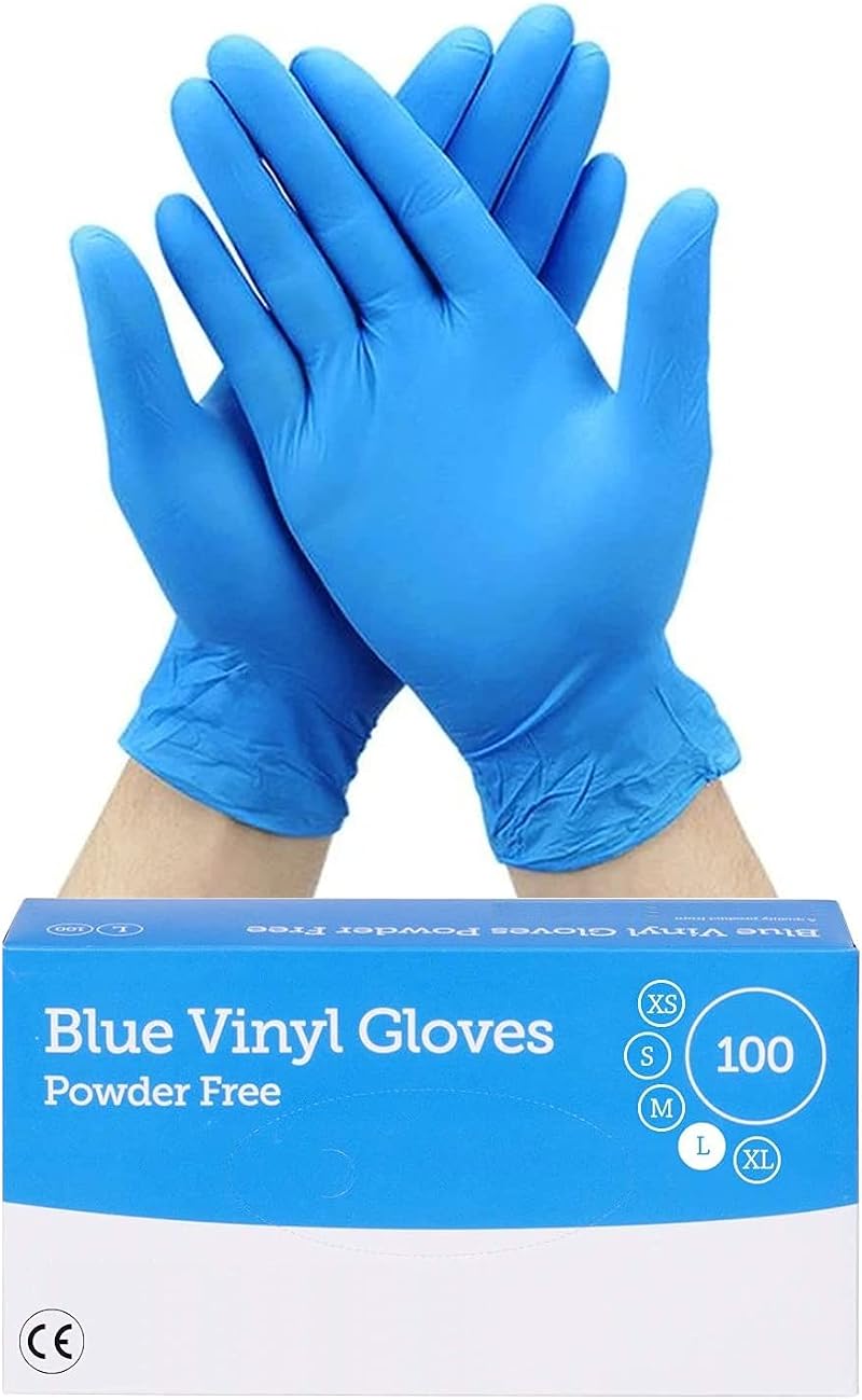 1ABOVE Blue Vinyl Disposable Gloves 100 Pack Large Powder Free Latex Free